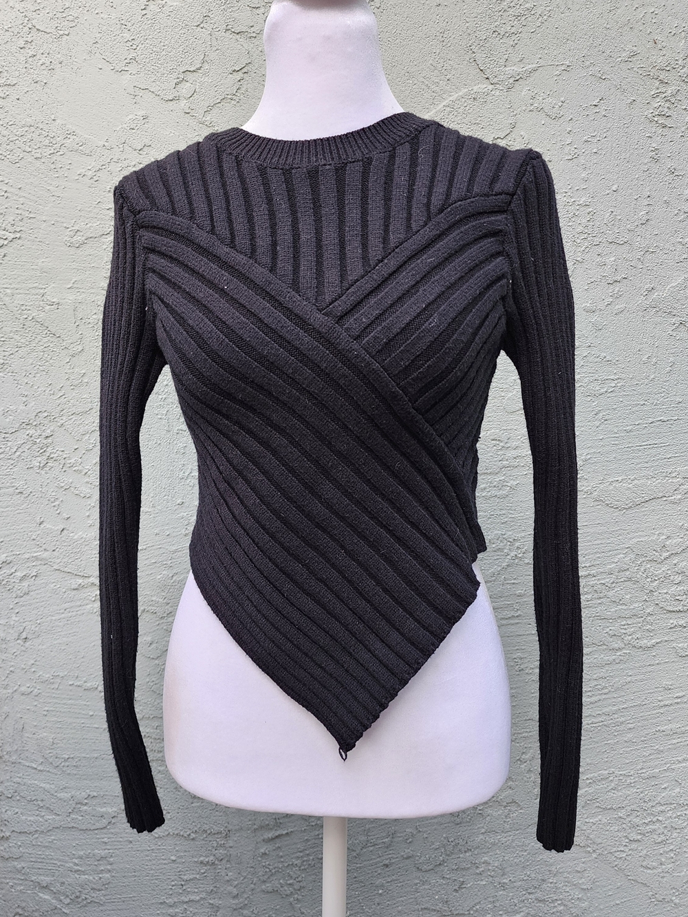 VICI Black Ribbed Knit Asymmetric Pointed Hem Crossover Wrap Sweater Small